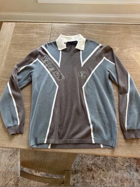 Louis Vuitton Gray & Blue Panel Logo Polo Sweater